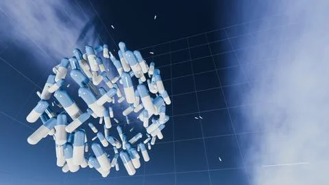 3d render of blue and white capsules in a cloud with sky background Stock Illustration