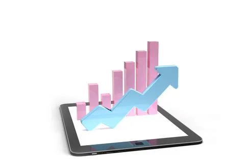 3d render. The blue arrow moves up. Graph in the form of arrows and columns  Stock Illustration