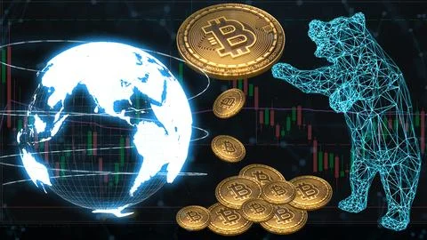 3D render Blue Bitcoin concept Cryptocurrency with Bear in futuristic eleme.. Stock Illustration