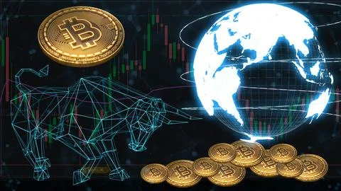3D render Blue Bitcoin concept Cryptocurrency with Bull in futuristic eleme.. Stock Illustration