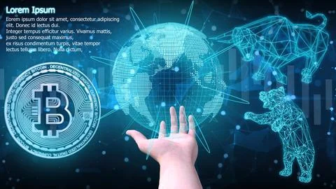 3D render Blue Bitcoin concept Cryptocurrency with Bull and Bear in futuris.. Stock Illustration