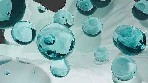 3d render of blue bubbles floating over wavy fabric surface Illustrazione stock