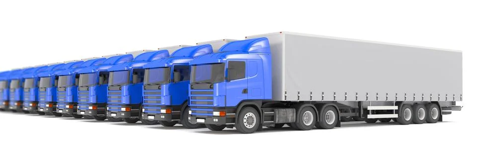 3d render - blue cargo trucks parked in a row Stock Illustration