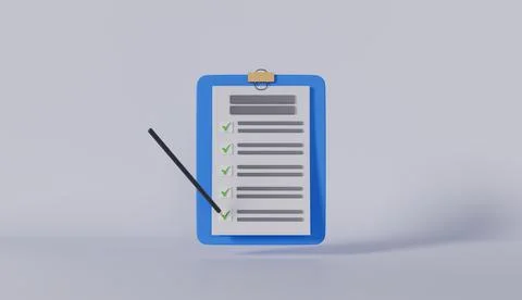 A 3D render of a blue clipboard with checklist paper and a black pen pointing Stock Photos