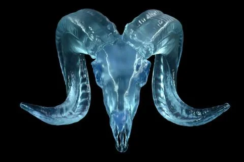 3D render of blue cristal Goat Skull on black background Stock Illustration
