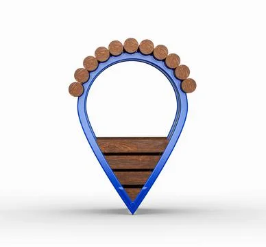 3D render of a blue geolocation pin sign with wooden details Stock Illustration