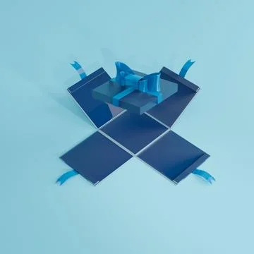 3d render of blue gift box with a blue ribbon hovering over blue studio floor fo Stock Illustration