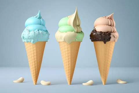 3d render of blue, green and brown ice cream inside the cones on a grey blue Stock Illustration