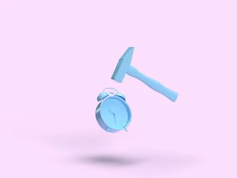 3d render. a blue hammer hits a blue alarm clock on a pink background. time  Stock Photos
