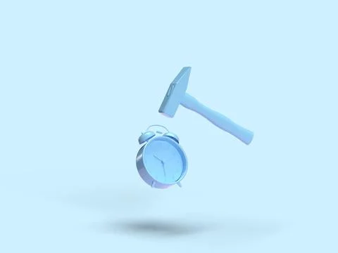 3d render. a blue hammer hits a blue alarm clock on a blue background. time  Stock Photos
