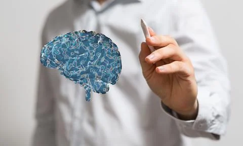 3D render of a blue human brain near a hand with a pencil 스톡 일러스트