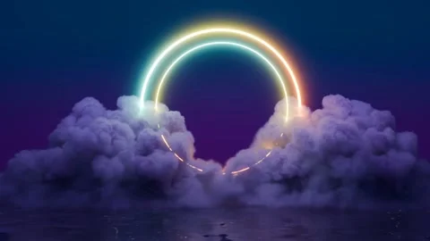 3D Render Of Blue Neon Light Ring Circle Frame Clouds And Ocean : Loop Animation Stock Footage 259175787