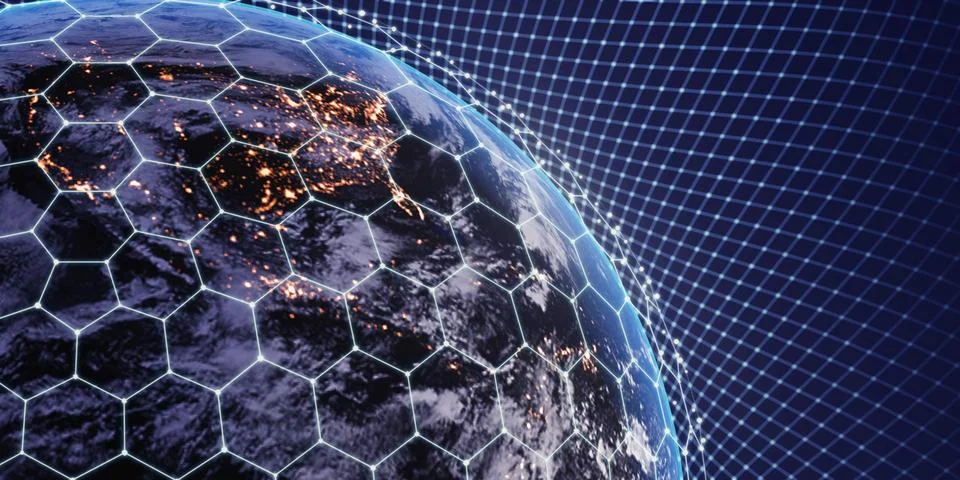 3d render blue night earth. Communication technology for internet business. Stock Illustration