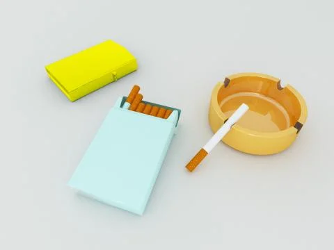 3D render of a blue pack of cigarettes, golden lighter and orange glass ashtray Illustrazione stock