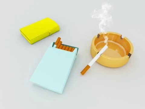 3D render of a blue pack of cigarettes, golden lighter and orange glass ashtray Stock Illustration