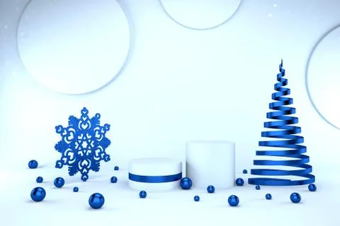 3d render of blue pedestal and sparkling balls, snowflake and abstract Christ Stock Illustration