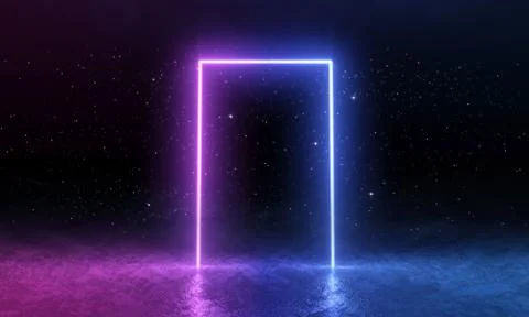 3d render, blue pink neon door, empty space, abstract background Illustrazione stock