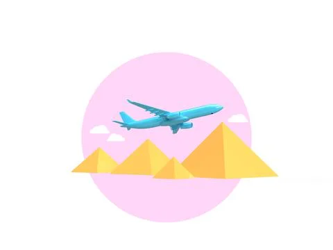3d render. blue plane flies over the Egyptian pyramids. In a pink circle. Tr Stock Photos