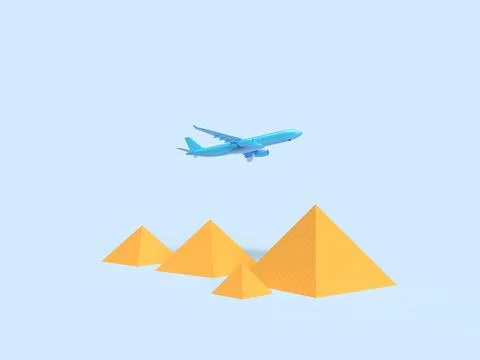 3d render. blue plane flies over the Egyptian pyramids. On a blue background Stock Photos
