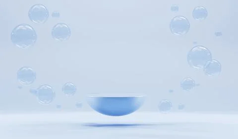 3d render, blue podium with round clear bubbles water on sea background Stock Illustration