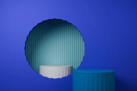 3D render Blue podiums on a dark blue background with a circular arch Stock Illustration