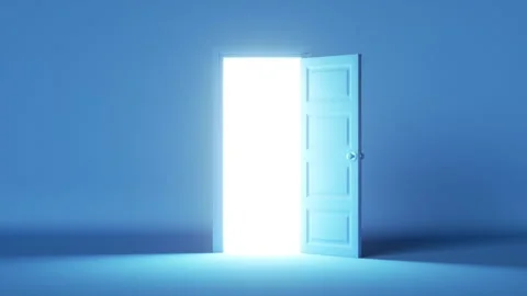 3d render, blue room, bright white light shining behind the opening door Vidéo 141132744