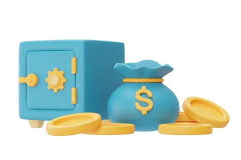 3d render of blue safe box with dollar coin ,Gold Bars and money bag isolated Stock Illustration
