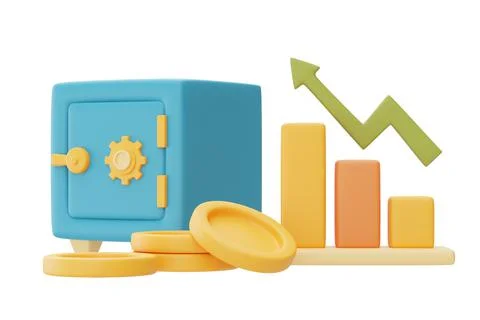 3d render of blue safe box with dollar coin ,Gold Bars and graph isolated on  Stock Illustration