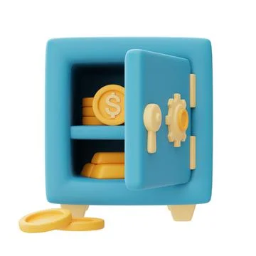 3d render of blue safe box with dollar coin and Gold Bars isolated on light b Stock Illustration