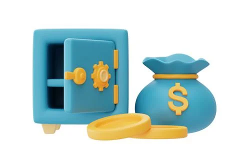 3d render of blue safe box with golden coin and money bag isolated on light b Stock Illustration