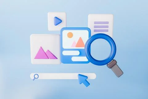 3D render of blue search bar and magnifying glass with webpages. Cartoon style 스톡 일러스트