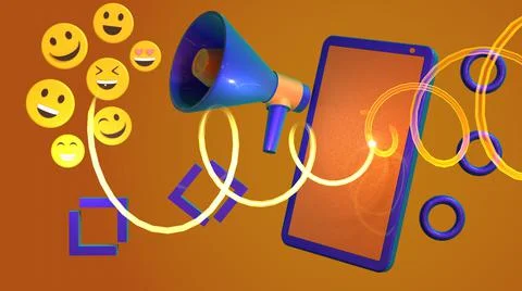 3D Render, blue smartphone with speakers emoticon, rings, and square accessories Stock Illustration