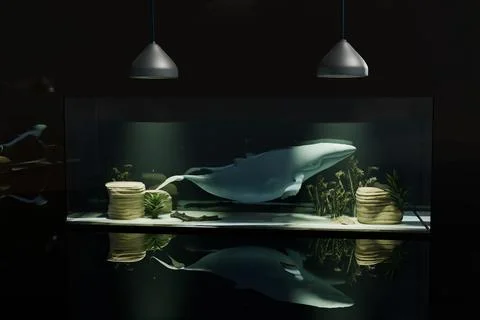 3d render of blue whale in home aquarium Illustrazione stock