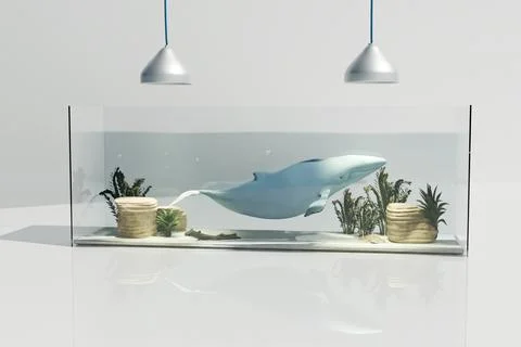 3d render of blue whale in home aquarium with glossy white background Illustrazione stock
