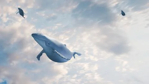 3d render of blue whales flying through vivid sky Stock Illustration