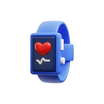 3D render of blue wireless smart watch with red heart, pressure, pulse measuring Illustrazione stock