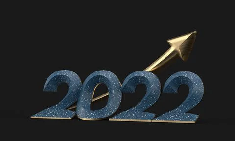 3D render of the blue year 2022 with arrow up isolated on black background Stock Illustration