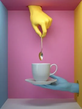 3d render, blue yellow hands holding silver spoon white cup and saucer Stock Illustration
