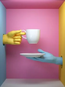 3d render, blue yellow hands holding white cup and saucer Stock Illustration