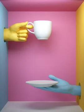 3d render, blue yellow hands holding white cup and plate イラスト素材