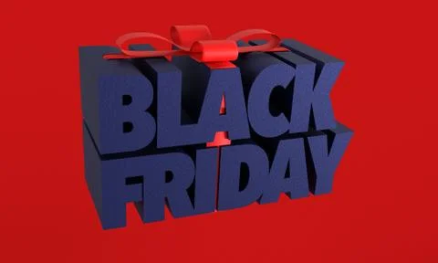 3d render. Bold words Black Friday as gift box with red ribbon on red background Stock Illustration