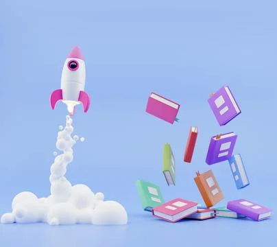 3D Render, book and rocket blue background Stockillustratie