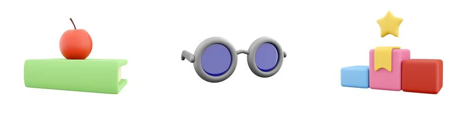 3d render book, glasses, cubics icon set on white background. 3d rendering book Stock Illustration