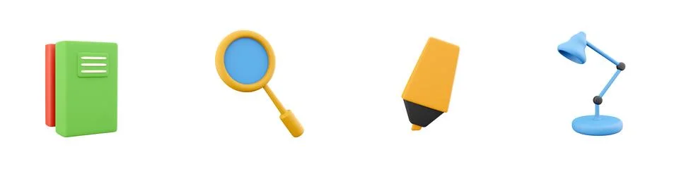 3d render book, magnifier, marker, light bulb icon set on white background. 3d Stock Illustration