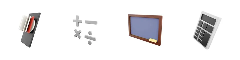 3d render book, mathmetical operations, board, calculator icon set on white Illustrazione stock