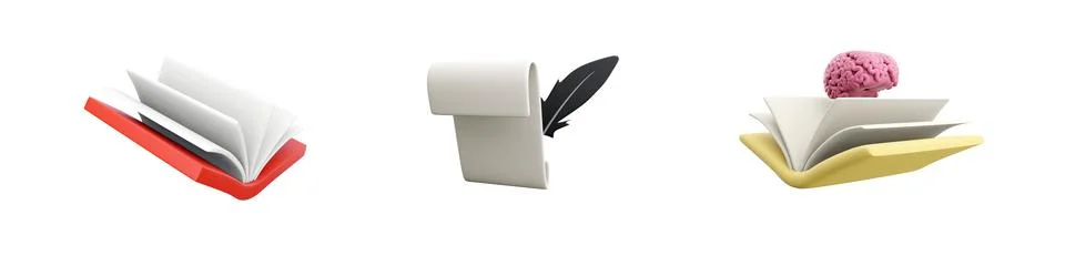 3d render book, paper roll, brain on folder icon set on white background. 3d Stock Illustration