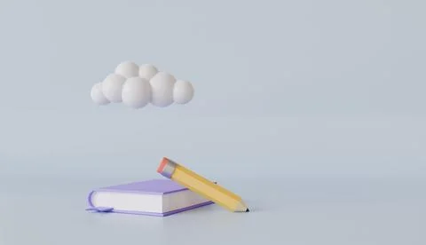3D Render Book Pencil and Cloud Education Creativity Concept Stock Illustration