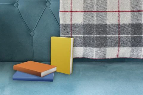 3D render of books on a couch with a blanket Stock Illustration