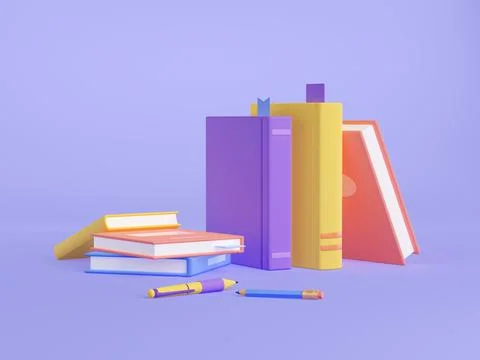 3d render books, textbook stack, pencil and pen Illustrazione stock