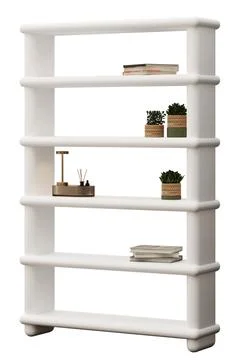 This is a 3D render of a bookshelf showing five empty shelves with decorati.. Stock Illustration